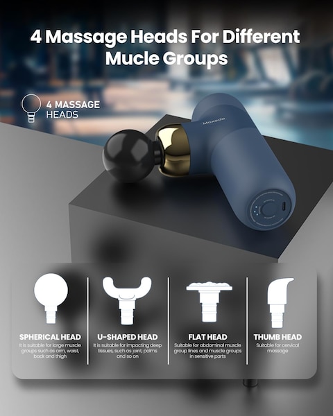 Moxedo Multi-function Muscle Pro Massager Portable Cordless Handheld Percussion Gun Deep Tissue Massager with 4 Interchangeable Massage Heads (Navy Blue)