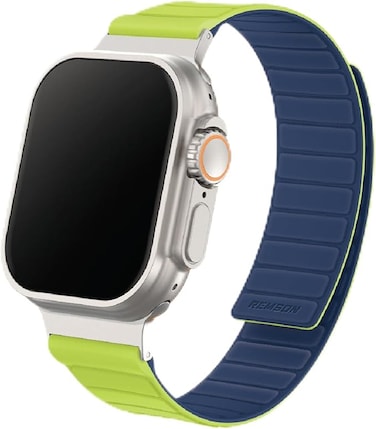 Remson Magnetic Switch- Band Double Side Reversible Silicone Strap for iWatch Series 42-49mm (Yellow-Green/ Navy Blue)