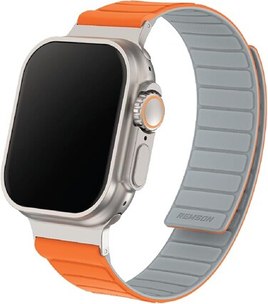 Remson Magnetic Switch- Band Double Side Reversible Silicone Strap for iWatch Series 42-49mm (Orange/Grey)