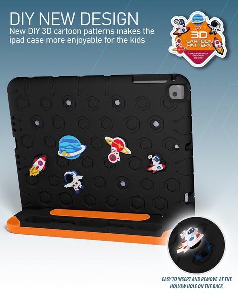 Moxedo Rugged Protective EVA Silicone Kids Case Cover, Shockproof DIY 3D Cartoon Pattern with Pencil Holder, Stand and Handle Grip Compatible for Apple iPad 9.7 inch (Black)