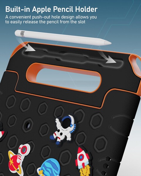 Moxedo Rugged Protective EVA Silicone Kids Case Cover, Shockproof DIY 3D Cartoon Pattern with Pencil Holder, Stand and Handle Grip Compatible for Apple iPad 9.7 inch (Black)