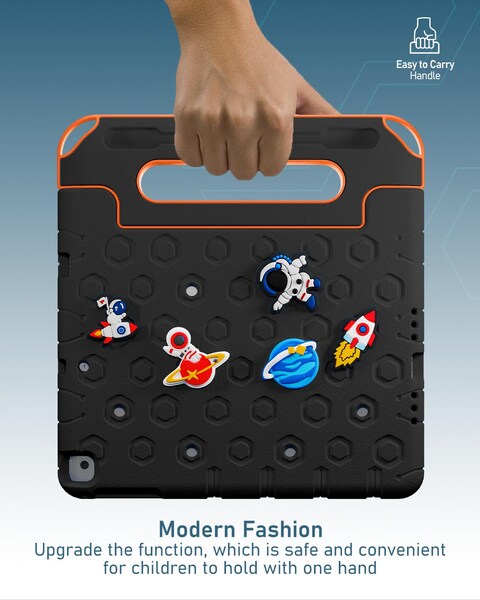 Moxedo Rugged Protective EVA Silicone Kids Case Cover, Shockproof DIY 3D Cartoon Pattern with Pencil Holder, Stand and Handle Grip Compatible for Apple iPad 9.7 inch (Black)