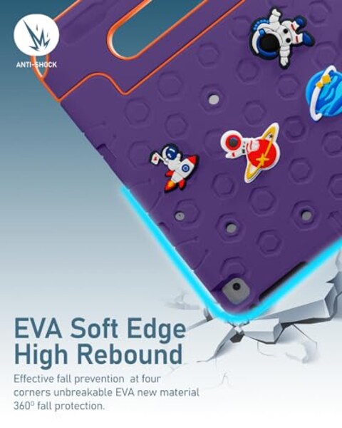 Moxedo Rugged Protective EVA Silicone Kids Case Cover, Shockproof DIY 3D Cartoon Pattern with Pencil Holder, Stand and Handle Grip Compatible for Apple iPad 9.7 inch (Purple)