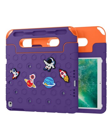 Moxedo Rugged Protective EVA Silicone Kids Case Cover, Shockproof DIY 3D Cartoon Pattern with Pencil Holder, Stand and Handle Grip Compatible for Apple iPad 9.7 inch (Purple)