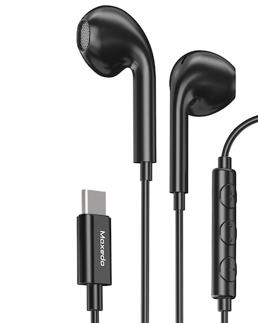 Moxedo Wired Stereo Earphone USB Type-C Connector Earphone with In-Line Remote, Built-in Microphone for iPhone 15/15 Plus/15 Pro/15 Pro Max/S24Ultra/S23/S23 Ultra/S22/S22 Ultra/S21 (Black)
