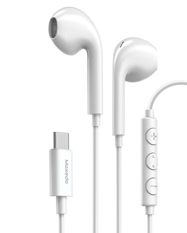 Moxedo Wired Stereo Earphone USB Type-C Connector Earphone with In-Line Remote, Built-in Microphone for iPhone 15/15 Plus/15 Pro/15 Pro Max/S24Ultra/S23/S23 Ultra/S22/S22 Ultra/S21 (White)