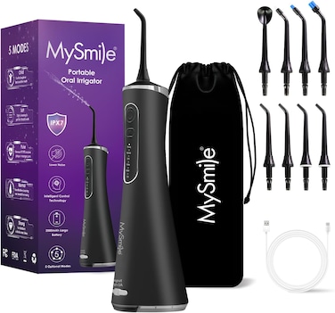MySmile LP211 Cordless Advanced Water Flosser for Teeth 5 Cleaning Modes Rechargeable Power Dental Flosser 8 Replacement Jet Tips IPX 7 Waterproof Dental Irrigador with Travel Storage Pouch (Black)
