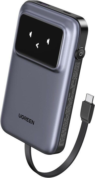UGREEN Uno Power Bank with Built-in USB-C Cable 10,000mAh Portable Charger PD 30W Fast Charging Battery Pack 3-Way Output with TFT Display for iPhone 8-16 Series/Galaxy S21-24/iPad Pro, AirPods, etc
