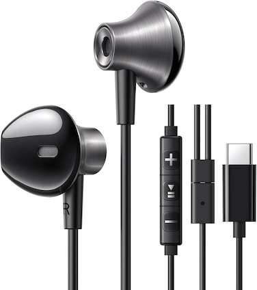 UGREEN USB C Earphones Semi-in ear Wired Headphones with Volume Control, Type-C Earbuds Noise-cancelling Microphone 14.2mm Driver, for iPhone 16 Series, Galaxy S25/S24/S23 Series, iPad Pro, iPad Air
