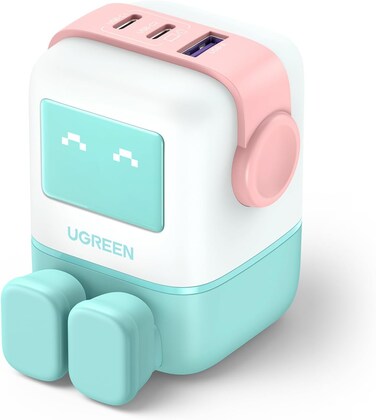 UGREEN UNO 65W USB C Charger 3-Port Nexode 65W GaN, LED Display,Compact Funny Fast Charger Type C Power Adapter for MacBook/HP/Dell/Lenovo, iPhone 16 Pro Max, Galaxy S25 Ultra, Steam Deck -Pink Blue