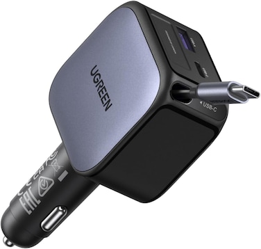 UGREEN Retractable Car Charger 90W With Built-in 60W USB C Cable 70cm, Car Charger Type C Fast Charging 2C1A USB Super Fast iPhone Adapter, for iPhone 17 Series, MacBook Pro/Air, Samsung S25 Ultra