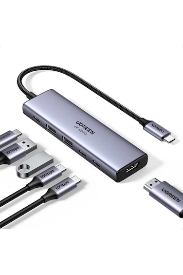 موزع USB-C متعدد الوظائف من UGREEN، 6 في 1، منفذان USB-A 3.2، منفذان USB-C 3.2، منفذ HDMI يدعم دقة 4K بمعدل 60 هرتز، شحن سريع بقدرة 100 واط، لون رمادي فضائي