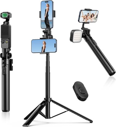 ULANZI MT-70 Extendable Tripod 63 Selfie Stick Vlog Tripod Stand with 2 Phone Clips as Teleprompter 360&deg; Rotate Camera Holder for iPhone Sony Canon DJI Osmo Nano Lightweight for Travel Black