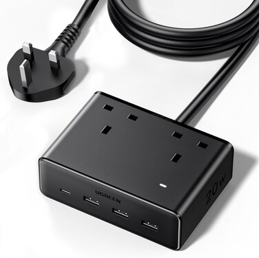 UGREEN Extension Cord with 4 USB Slots, 2 Way 2990W Max Multiple Plug with 1.5m Extension Plug, Compatible with iPhone 16/15, iPad Pro/Mini, Laptop, Docking Sation, ect Suitable for Home/Office