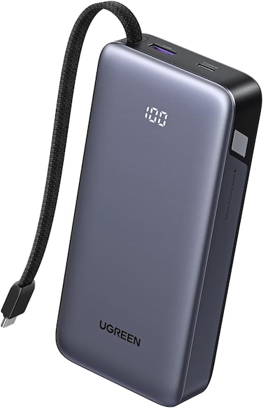 UGREEN Nexode Power Bank 20000mAh, USB C Fast Charging Battery Pack with Built-in Cable, 45W PD 3.0 PPS Portable Charger for Samsung Galaxy S25/S24 Ultra, iPhone 17/16, MacBook Air, iPad, Steam Deck