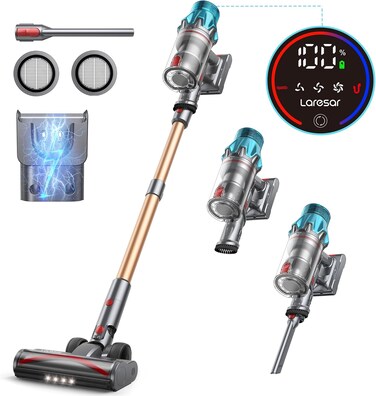 Laresar Ultra 7 Cordless Vacuum Cleaner, 60 Mins Max Runtime, Bagless, Touchscreen, Anti-Tangle Brush, For Carpets - Hard Floors - Car, Cleans Pet Hair