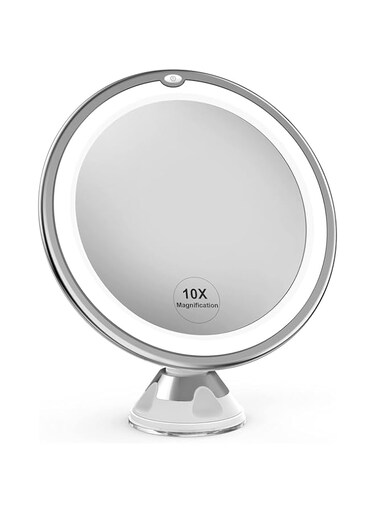 Arabest Makeup Mirror with Lights, Strong Suction Cup Vanity Mirror, 10X Magnifying Lighted Vanity Daylight White LED, Portable Illuminated Bathroom Mirrorfor Home Tabletop Bathroom Shower (Button)