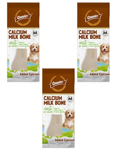Gnawlers Calcium Milk Bone 3" Medium Dog Snack 23g   3 Pack