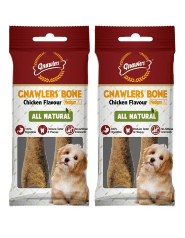 Gnawlers Bone 4.5" Medium Chicken Dog Chew &ndash; 2pcs Pack x 2   Rawhide-Free, Long-Lasting Treat