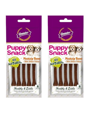 Gnawlers Puppy Snack Meat Zip Bone 40g &ndash; Chicken Flavour, 6pcs/Pack, Pack of 2, Healthy Chew Treats for Puppies