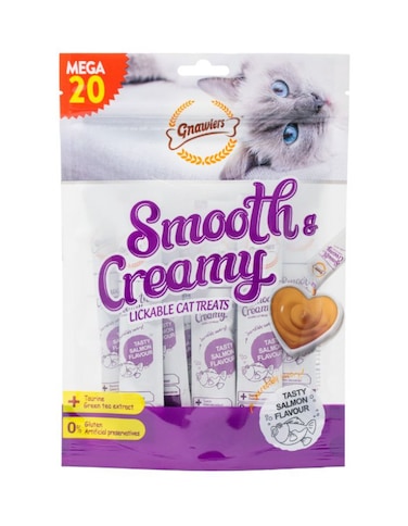 Gnawlers Smooth &amp; Creamy Lickable Cat Treats 20pcs x 15g Salmon Flavour   Tasty Cat Snack
