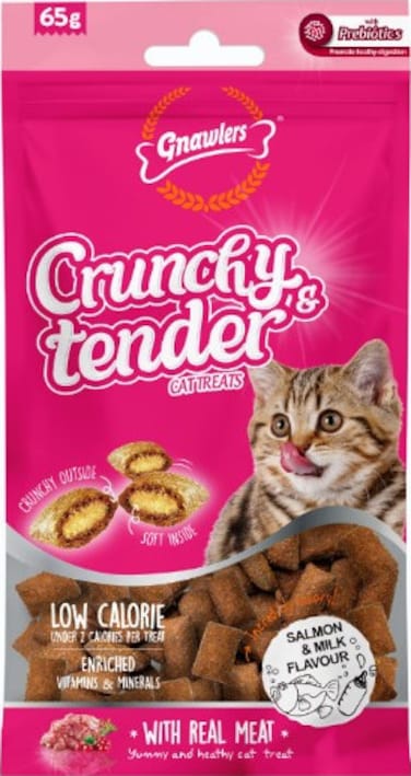 Gnawlers Salmon &amp; Milk Flavour Crunchy &amp; Tender Cat Treats 65g