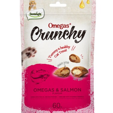 Dentalight 60g Omegas+ Crunchy Cat Treat &ndash; Salmon Flavor, Healthy Skin &amp; Coat