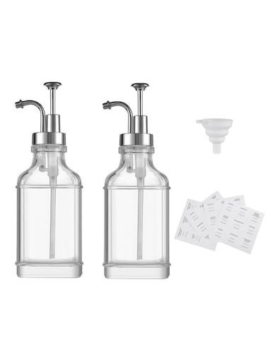 Pack 16.9OZ Square Coffee Syrup Dispenser for Bar with Labels and Silver Pump, Coffee Pump Dispenser, Glass Syrup Bottle,500ML (Silver)
