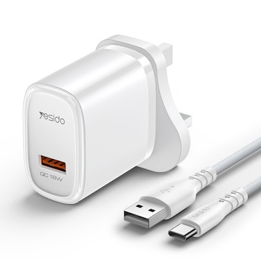 Yesido Quick Charger QC18W UK Plug With USB A To USB C Cable YC85C White