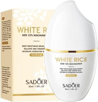 SADOER White Rice 15% Niacinamide Face Serum 50ml Brightening Hydrating Moisturizing Serum for Dull Skin, Even Tone, Glow Boost, Pore Appearance Support, Smooth Radiant Skin
