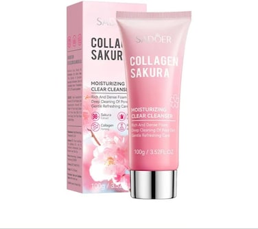 SADOER Collagen Sakura Moisturizing Clear Cleanser 100g &ndash; Cherry Blossom Facial Cleanser Deep Pore Cleansing Rich Foam Hydrating Refreshing Face Wash for All Skin Types