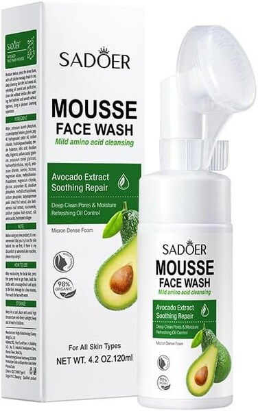 SADOER Avocado Amino Acid Mousse Face Wash 120ml &ndash; Mild Foaming Cleanser for Deep Pore Cleansing, Oil Control, Hydrating &amp; Soothing Repair, Micron Dense Foam Facial Cleanser for Men &amp; Women