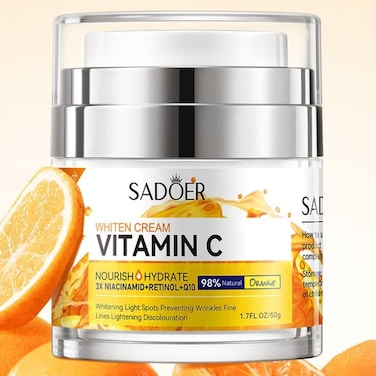 SADOER Vitamin C Whitening Cream 50g &ndash; Niacinamide Retinol Q10 Brightening Face Moisturizer, Dark Spot Corrector, Anti Aging Hydrating Cream for Fine Lines &amp; Uneven Skin Tone