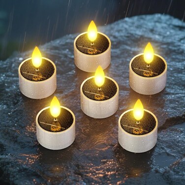SoulBay Solar Candles Outdoor Waterproof, 6 Pack Small Flameless Flickering LED Tea Lights with Dusk to Dawn Sensor, Bright Lights for Lanterns Window Chandelier Garden Patio Deck Chandelier D&eacute;cor