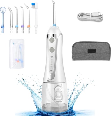 Water Flosser for Teeth Cordless IPX7 Waterproof Dental Oral Irrigator Tooth Cleaner with 5 Modes, 300ML Water Tank and 6 Jets Toothpick for Tooth Brace Gum Bridges Tartar Cleaning, Home Travel Use
