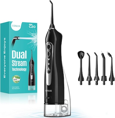 COSLUS Professional Water Flosser For Teeth Braces Gums Care, Cordless Oral Irrigador, Deep Cleaning, Rechargeable, Waterproof, BPA-Free, Portable, Home and Travel, Black C20