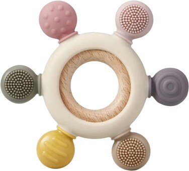 PandaEar Baby Teething Toys - Silicone Rudder Toy with Wooden Rings for Soothing Teething Pain Relief - Shower Gift for lnfants &amp; Toddlers 3+ Months (Pink)
