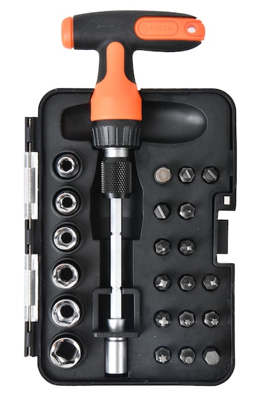 Tactix 24-Piece Mini Ratchet T-Handle Set, Compact Precision Screwdriver Sets Nut Driver Set, CR-V Bits &amp; Sockets, for Home Improvement, Automotive and Electronics Repairs- 900184