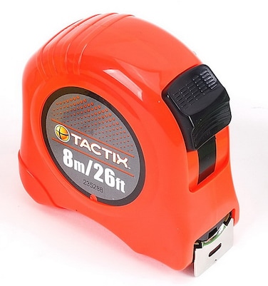 Tactix Tape Measure, 26-Foot, Steel Retractable Tape Measure with Fractions, Easy Read Tape Measure, Steel Tape, Impact Resistant ABS Case, Orange- 235288