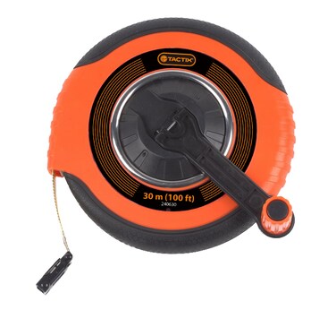 Tactix Long Tape Measure 30M (100FT), Impact-Resistant Non-Slip Case, Durable Fiberglass Measuring Tape with Pivot Hand Reel for Easy Rewinding, Black/Orange- 240630