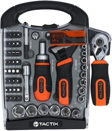 Tactix 55-Piece Stubby Tool Set- Includes 32 CR-V Bits, Dual Head Stubby Ratchet, Stubby Adjustable Wrench, Sockets, Adaptor- Compact, Durable, Ideal for Home, DIY and Professional Use, TTX-900154