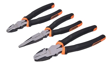 Tactix 3-Piece Pliers Set, Heavy-Duty with 7.5-Inch Linesman, 6-Inch Needle Nose Pliers and 6-Inch Diagonal Cutters for Basic Repair, Black/Orange - 204005