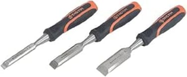 Tactix 3 Piece Wood Chisel Set - Chrome-Vanadium Steel Blades for Durability - Non-Slip Bi-Material Handle for Enhanced Grip - Includes 13, 19 and 25 mm Blades - Ideal for Woodworking- 225501
