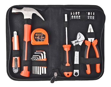 Tactix 24-Piece Hand Tool Set, Pliers, Wrench, Claw Hammer, Hex Keys, Screwdriver Bits, Snap-Off Knife &amp; Tape Measure, Durable Household Tool Kit with Zipper Case for DIY &amp; Repairs- 900194