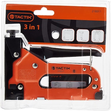 Tactix 3 in 1 Heavy Duty Staple Gun, Manual with Adjustable Power, Compatible with D, U, and T Staples for Upholstery, Decoration, Carpentry, Furniture, Ergonomic Handle, Black/Orange, TTX-218011