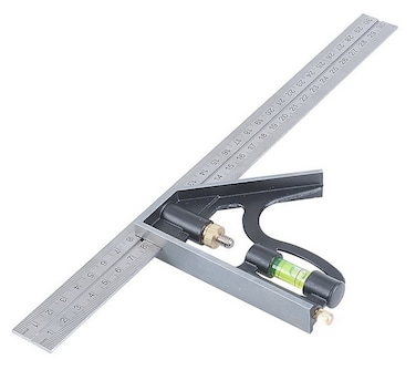Tactix Combination Ruler 300mm, For Metalworking, Electricians Carpenters, Stainless Steel Ruler, Die Cast Metal Handle, Bubble Level, Black/Silver- 239111
