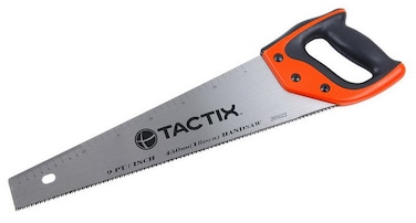 Tactix 450mm (18 Inch) Hand Saw, 8 Teeth/9 Points Per Inch, With Metric And SAE Scale, Non-Slip Handle, Perfect For Sawing, Trimming, Cutting Wood Plastic Pipes, SK5 Blade- 265022