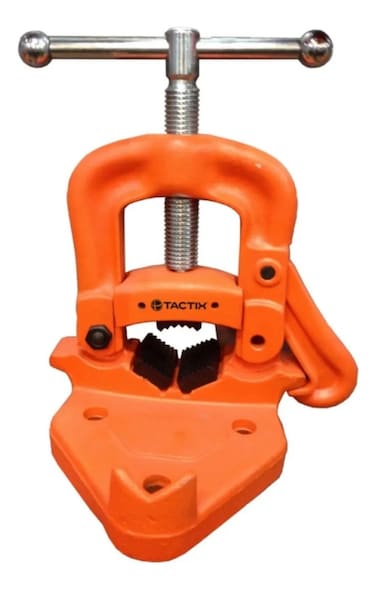 Tactix Hinged Pipe Vise, Pipe Vice Bench Clamp, Heavy Duty Pipe Vise for Fixing Pipes, Foldable Pipe Holding Tool for Plumbing &amp; Workshop, Hardened Jaws, Fits 4 Inch (110mm) Pipes, Orange -342004