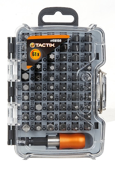 Tactix 61-Pieces Screwdriver Bit Set, S2 Steel Bits, Includes Slotted, Phillips, Pozidriv, Torx, Torx Tamper, and Hex Bits with 1/4" Adapter, and quick chuck Magnetic Bit Extension- 418159