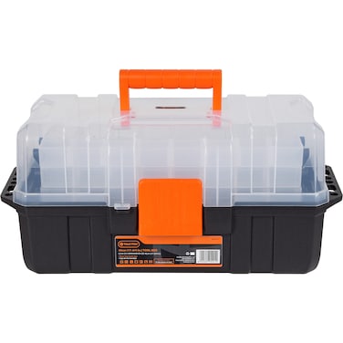 Tactix Multifunctional Tool Box with 3 Cantilever Trays, Bulk Storage, Multiple Compartments, Lockable, Clear Lid, Organizer for Tools, Hardware &amp; Small Parts, Size: 45W x 22D x 21.3H cm - 320311